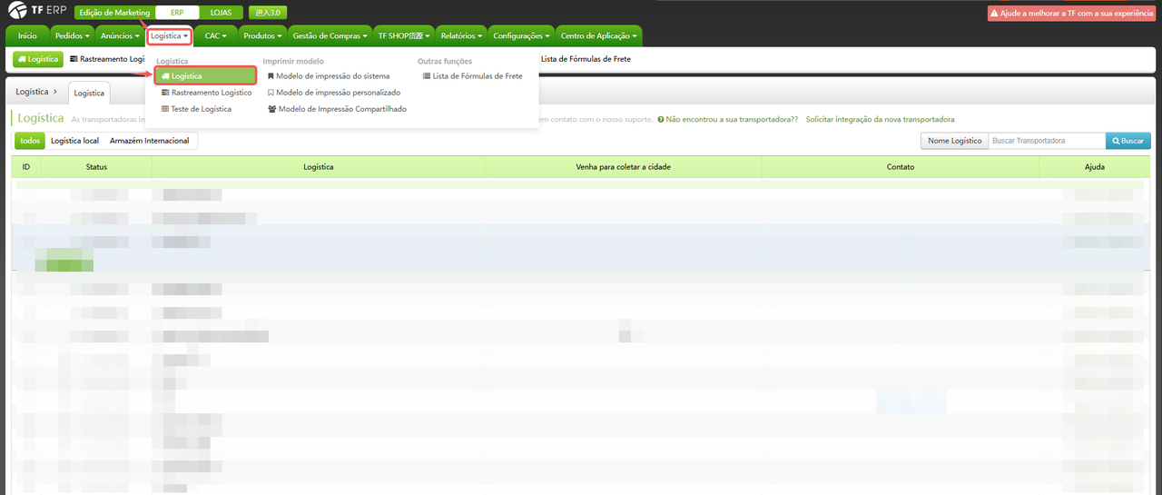 TF ERP - <a href='/help/60a52c8d6945aa362cdf29b5.html' title='Configuração' target='_blank'>Configuração</a> de Logística TF ERP - Configuração de Logística