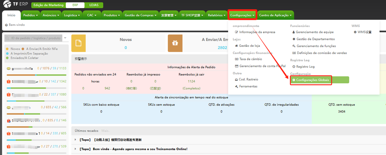 Configurações avançadas na TF ERP