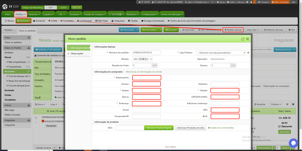 Como criar um pedido manual para emissão de nota fiscal?