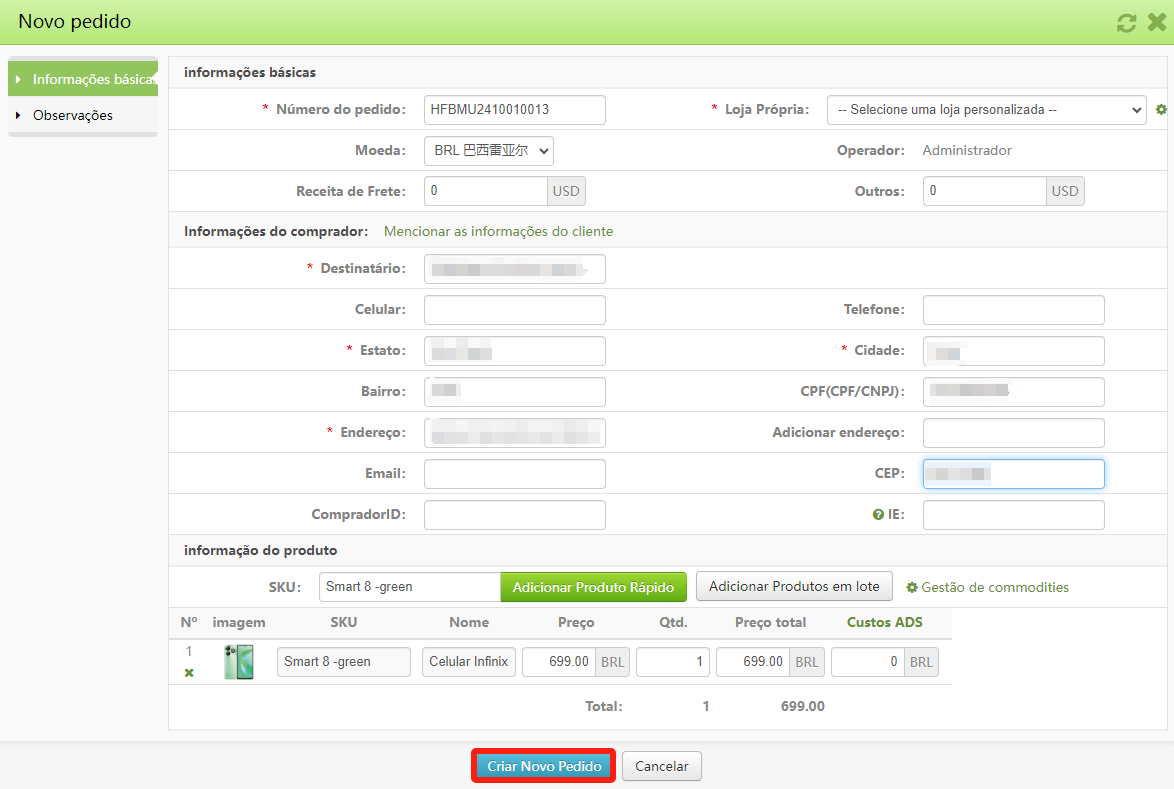 Como criar um pedido manual para emissão de nota fiscal?