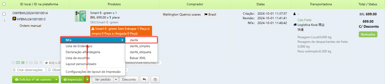 Como criar um pedido manual para emissão de nota fiscal?