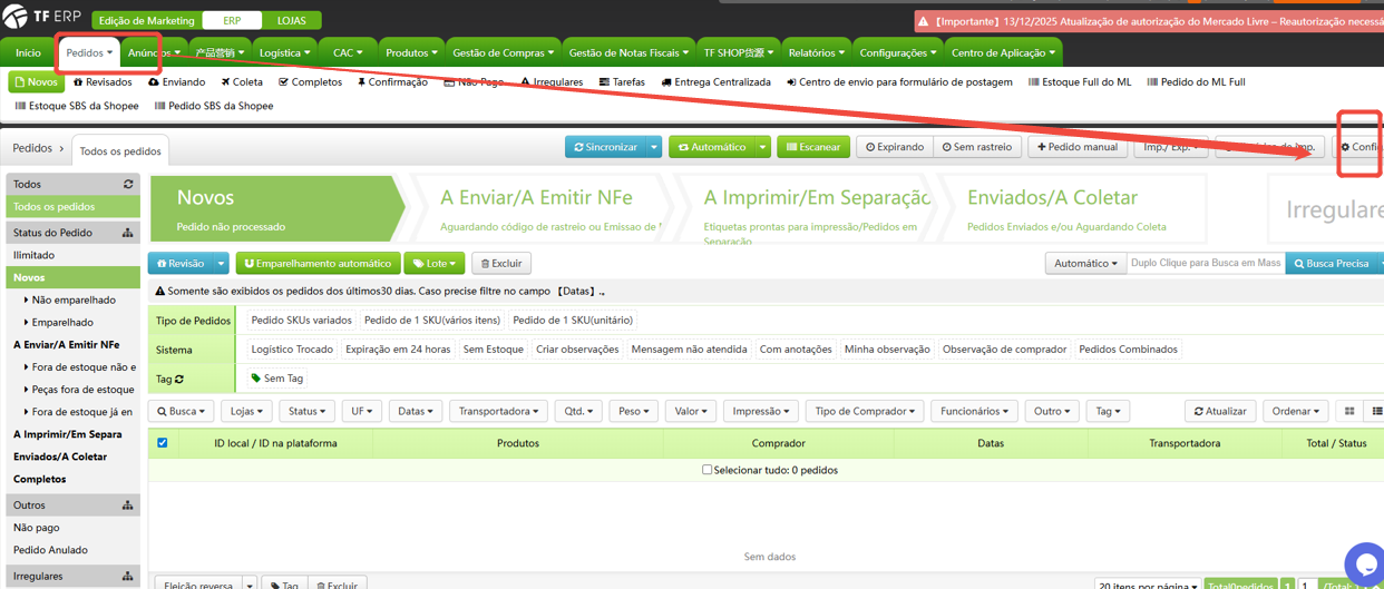 Como ativar a impressão de pedidos um-para-muitos no TFERP