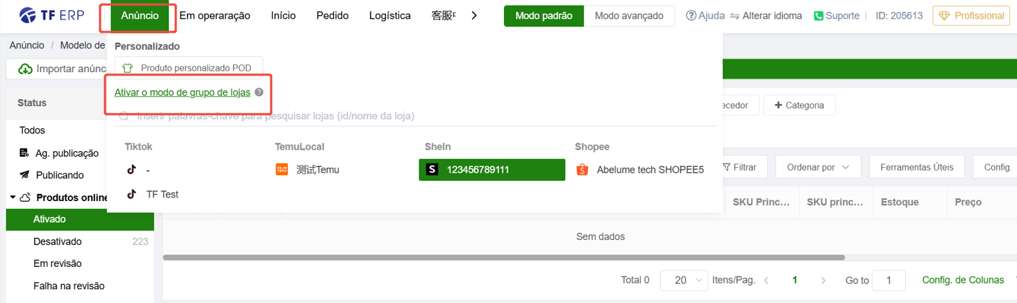 Como entrar no novo modo de grupo de lojas do TFERP?